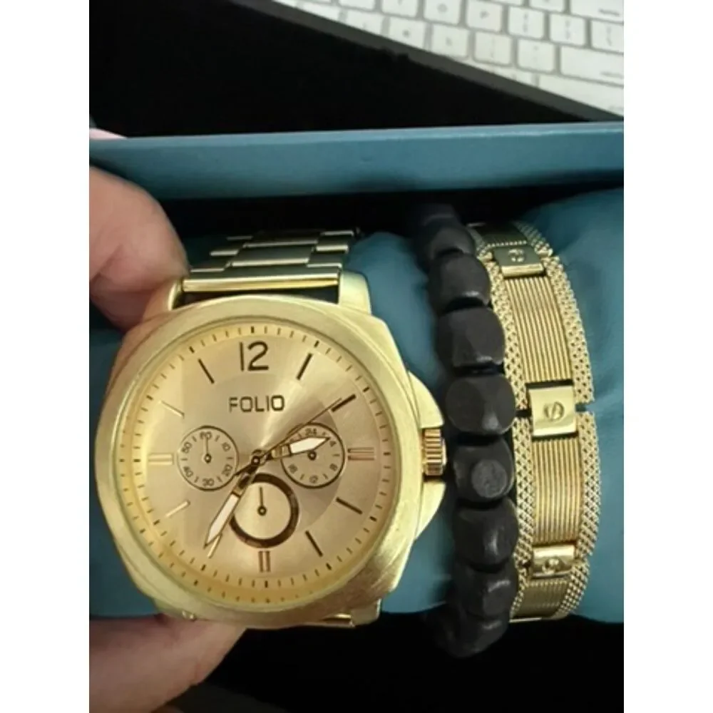 Folio Men Three-Hand Gold-Tone Watch with bracelets